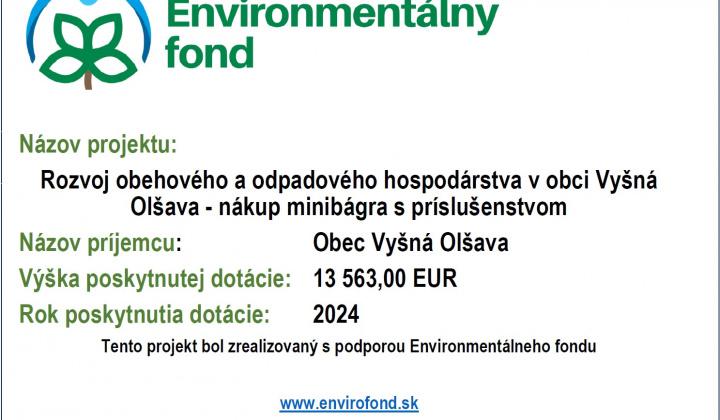 1. fotografia fotogalérie Projekty / Rozvoj obehového a odpadového hospodárstva v obci Vyšná Olšava - nákup minibágra s príslušenstvom - foto